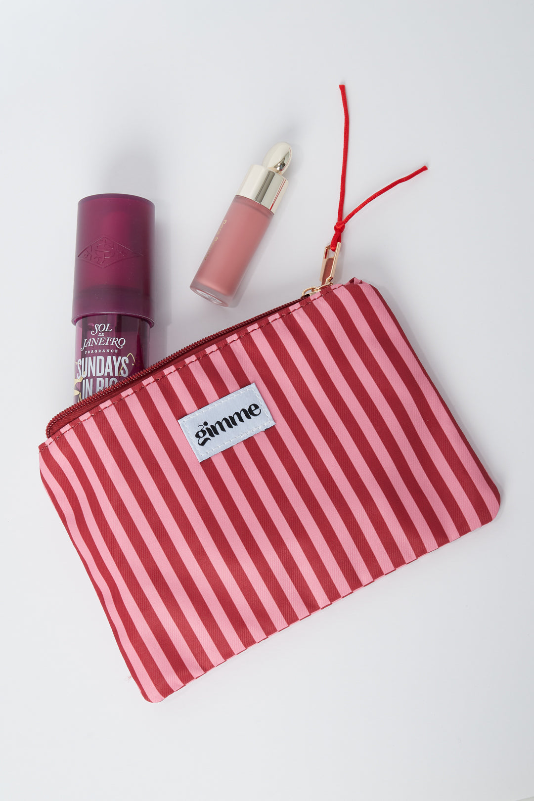 Plat toilettasje dunne streep - Roze rood