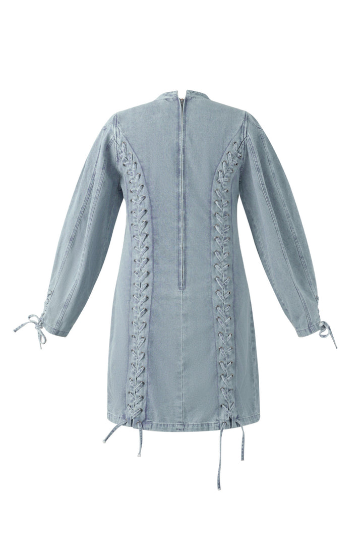 Cotton Woven Denim Dress Elegant Tie-up Solid Color