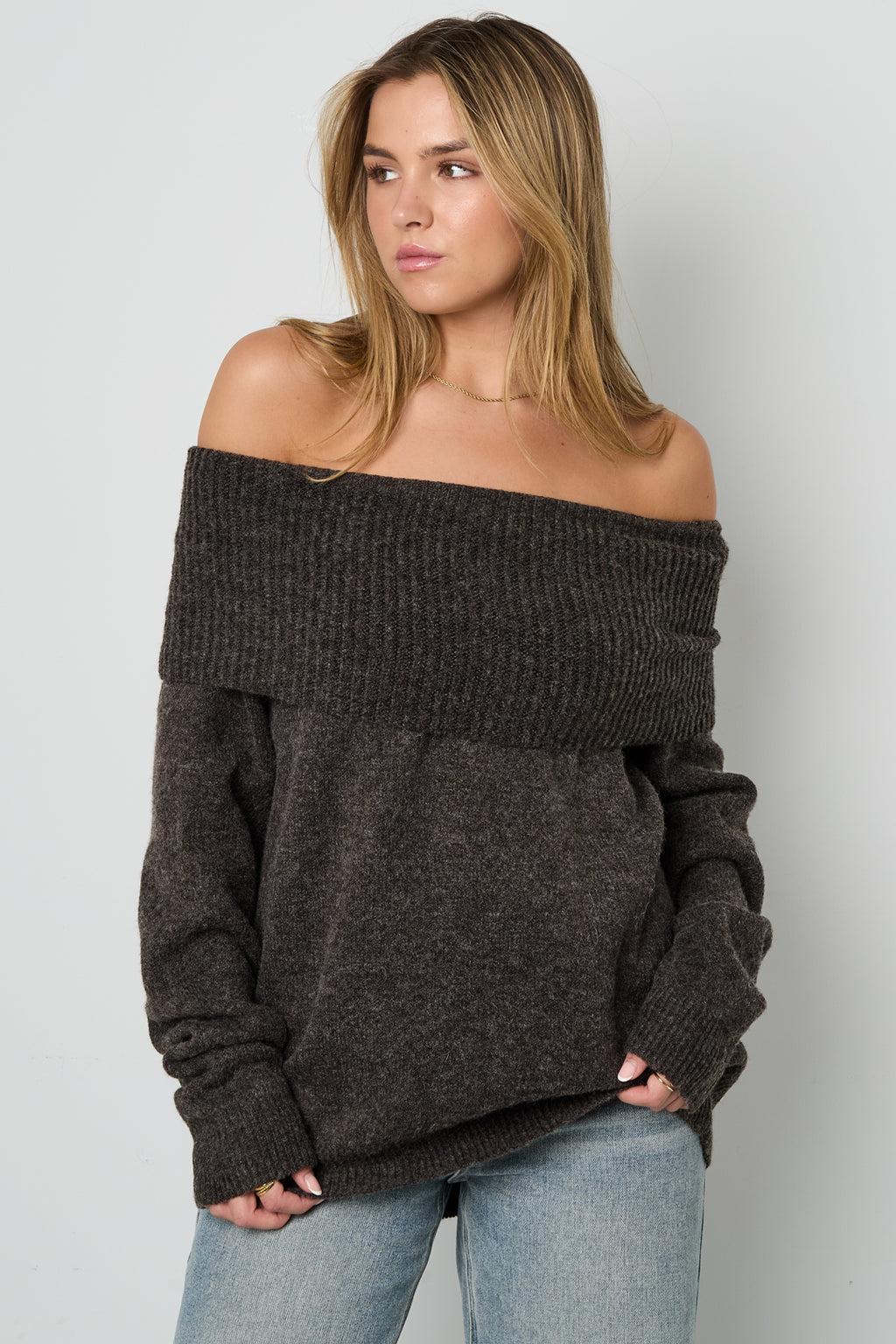 Gebreide Polyestervezel Vrouwen Off-Shoulder Trui Elegant Solide Kleur