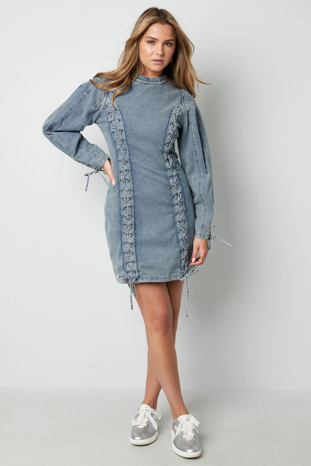 Cotton Woven Denim Dress Elegant Tie-up Solid Color