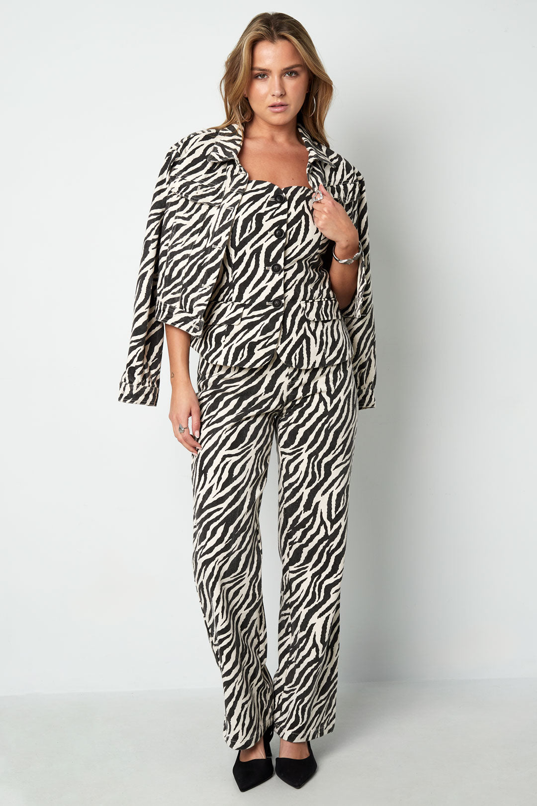 Geweven Katoen Vrouwen Rechte Broek Casual Zebra Strepen