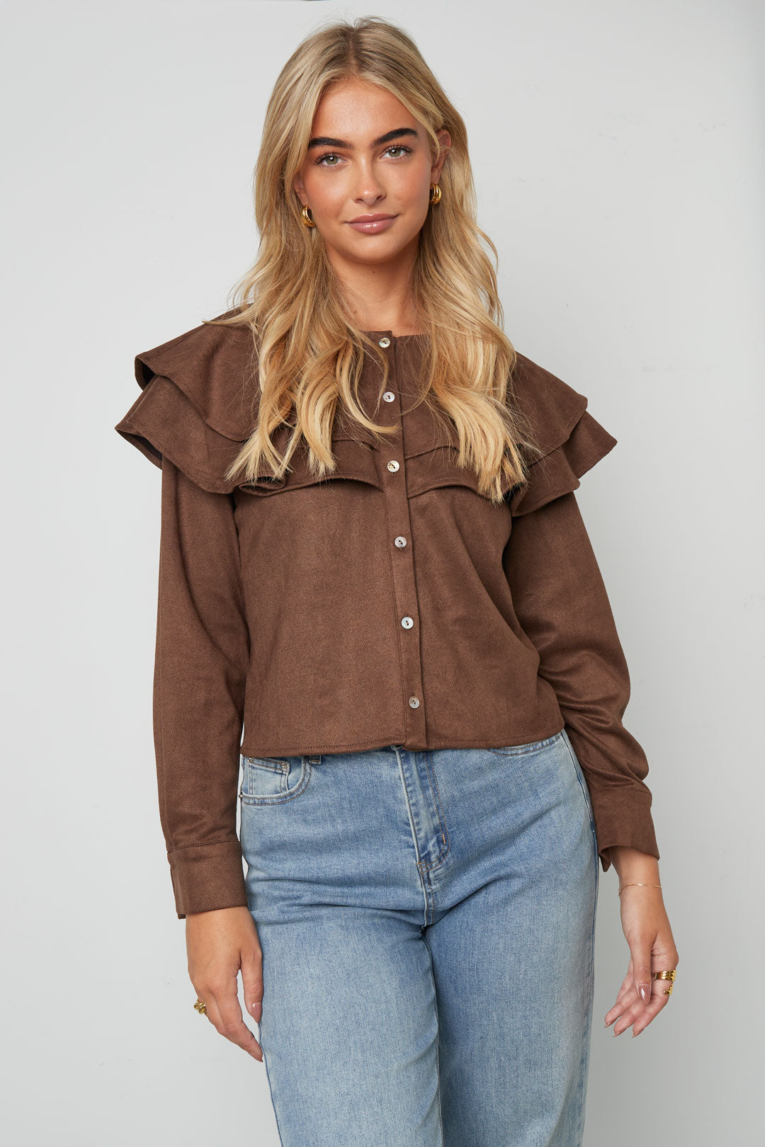 Woven Polyester Fiber Vrouwen Blouse Elegant Ruffle Trim