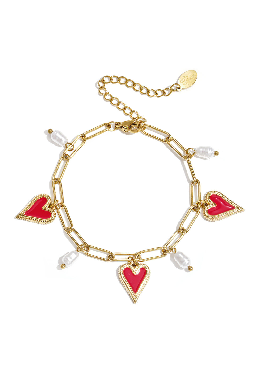 Schakel armband met parels en hart charms