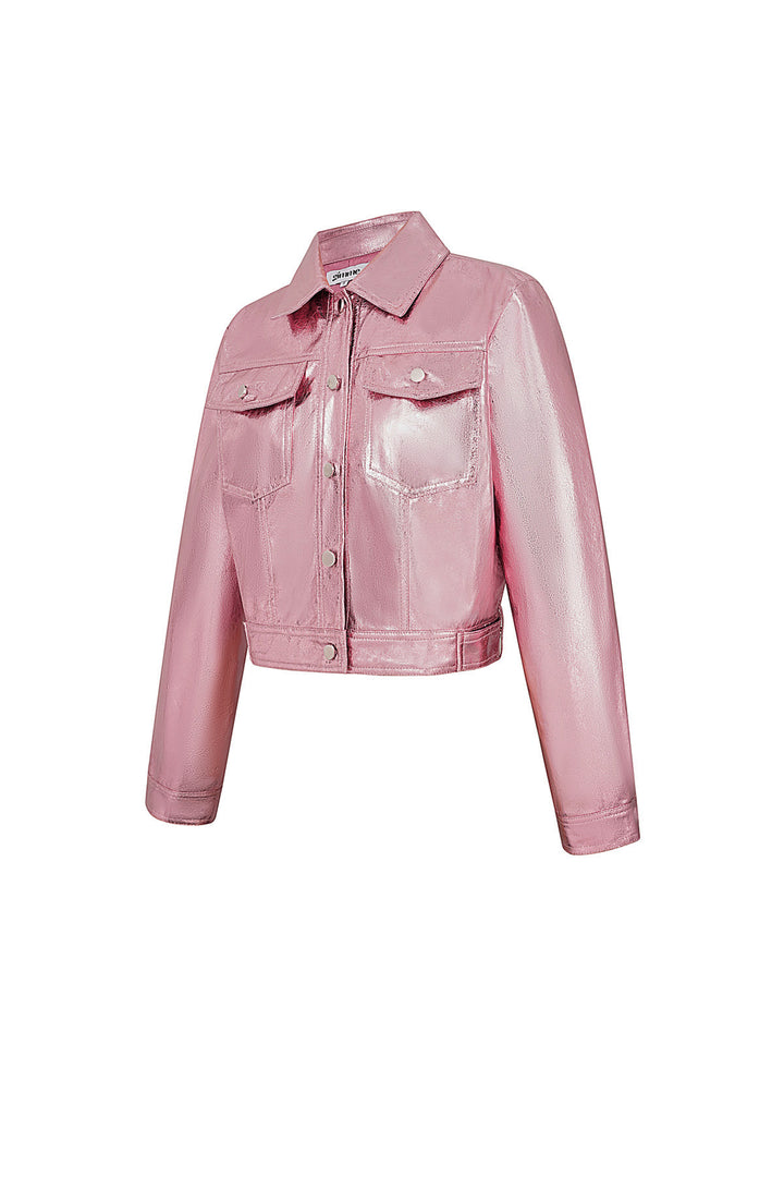PU Vrouwen Korte Jas Glanzende Metalen Finish
