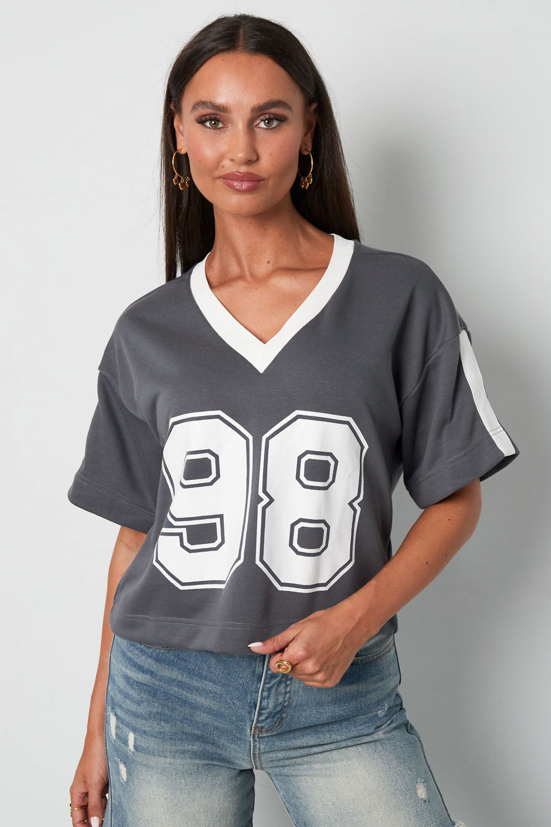 Gebreide Katoen Vrouwen V-hals T-shirt Sportief Kleurcontrast